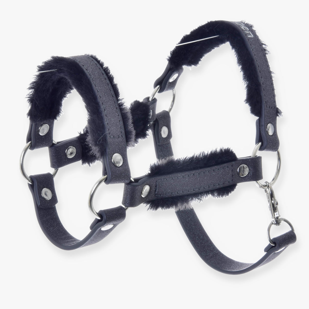 Hobby Horse Halter with fur - leatherette Graphite Full by LarDen, glittery graphite halter padded with black fur