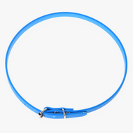 Hobby Horse cordeo blue by LarDen, a slim bright blue strap neck ring with a small metal buckle, on a white background