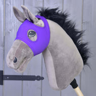 Horse Mask without ears Indigo by LarDen in bright violet on a taupe Hobby Horse with a shaggy black mane
