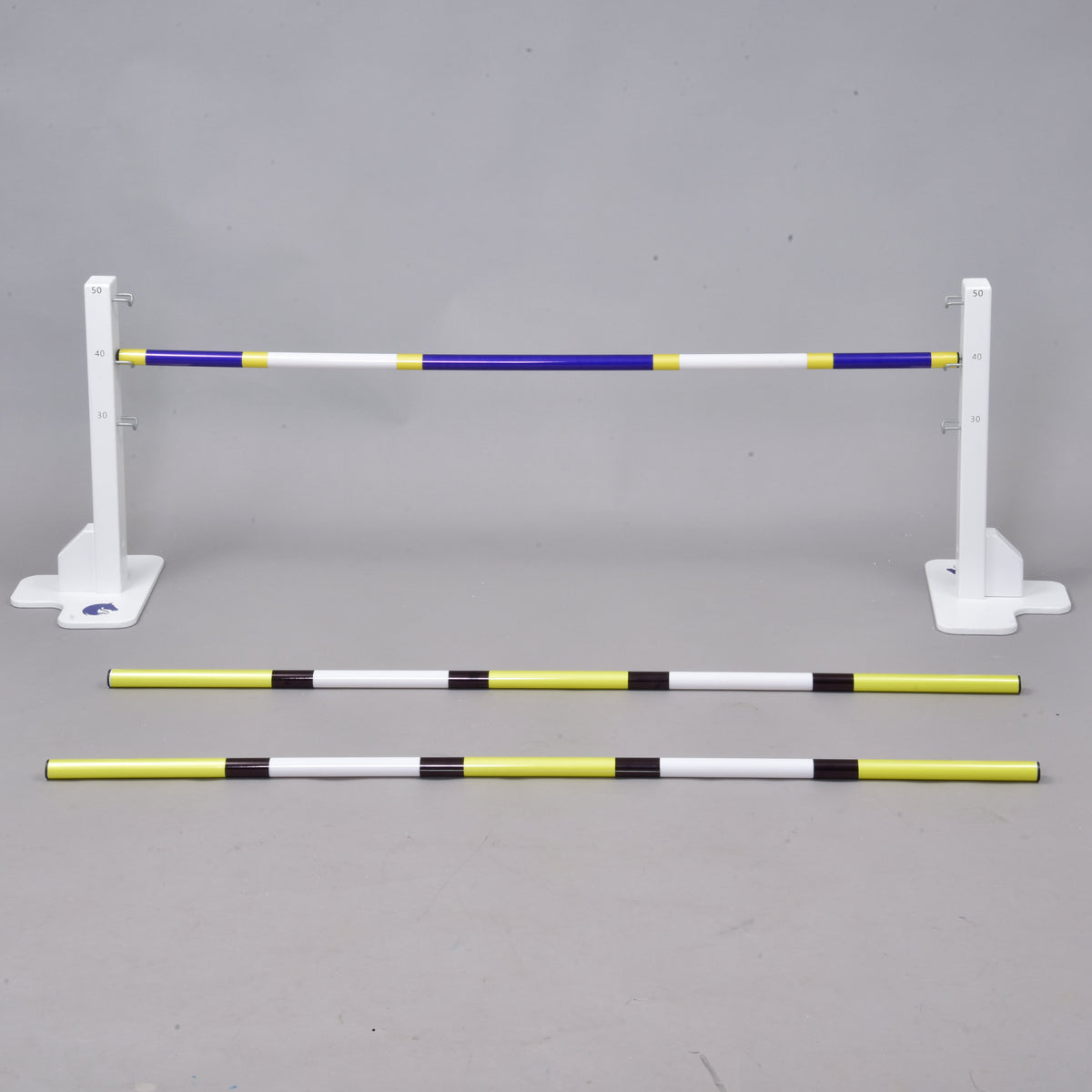 Jump with the blue and white pole on the white wings and two yellow, white and black poles laid on the ground