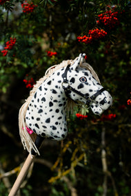 Hobby Horse Lord Valentine a szabadban, oldalnézetből, egy piros bogyókkal teli berkenyefa előtt