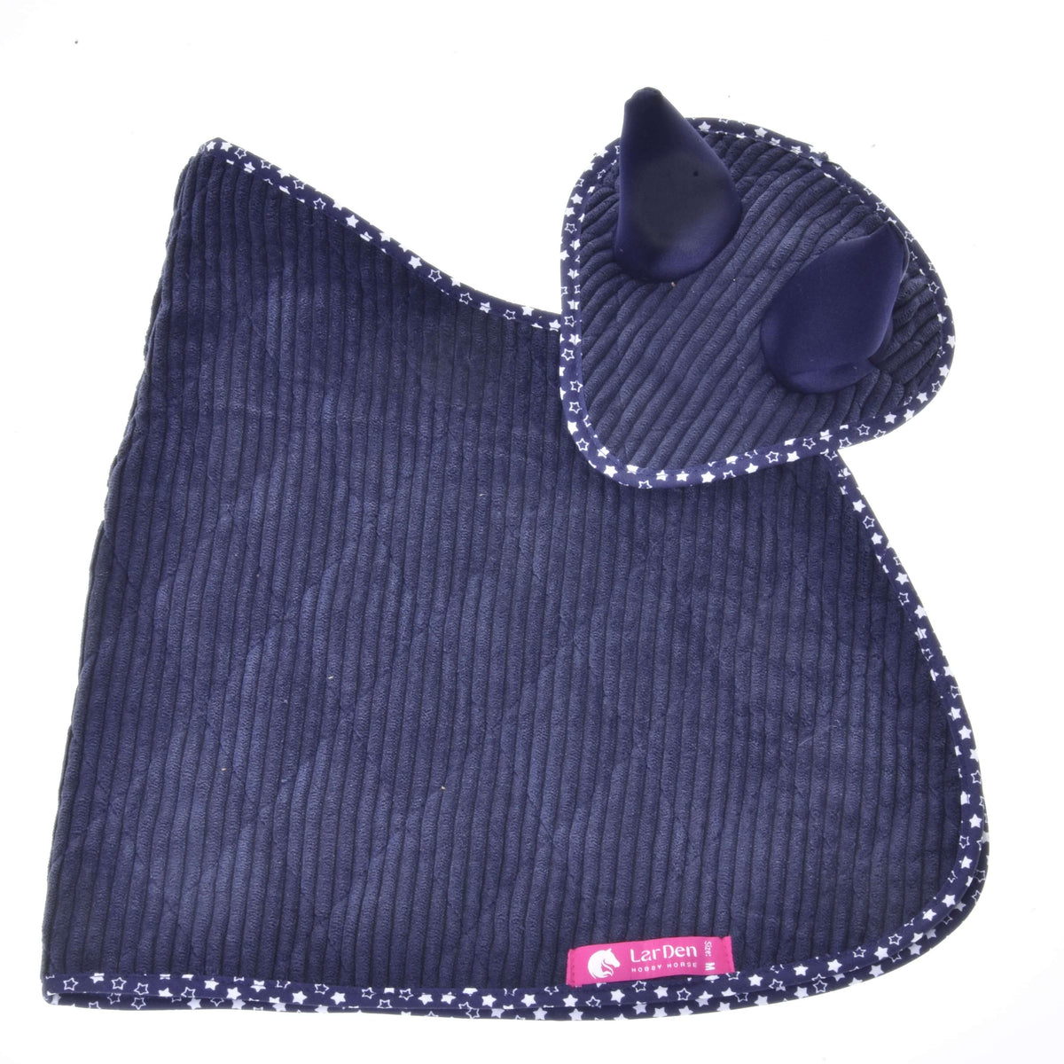 Navy corduroy blanket and ear bonnet of the Hobby Horse Set Manchester Blue Star laid flat with pink LarDen label