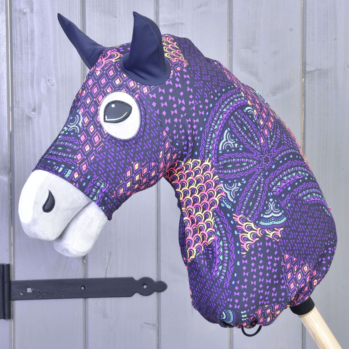 Hobby Horse protective suit Mandala (Lycra) by LarDen fitted over the head, purple geometric mandala print, navy ears