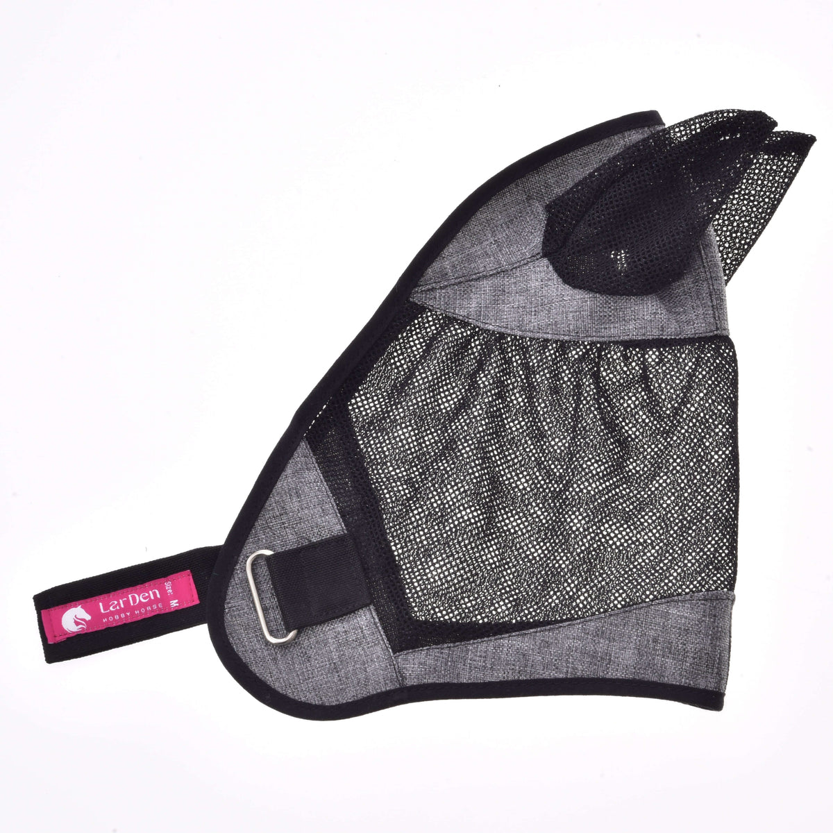 Fly mask laid flat in side view: grey melange fabric, black mesh eye panel and ears, pink LarDen label on the strap