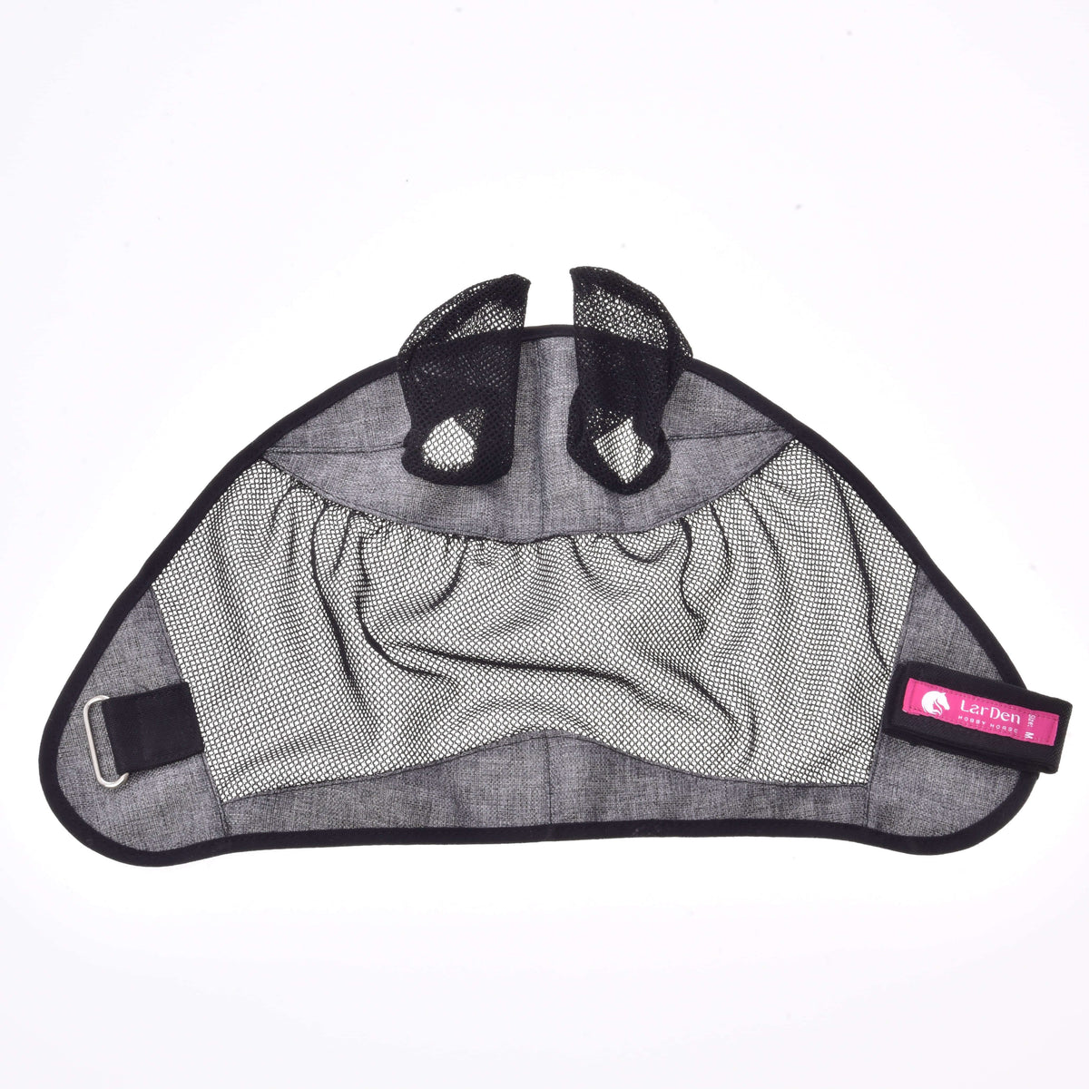 Inside view of the grey fly mask opened out flat, showing the mesh eye panel, mesh ears and the fastening strap