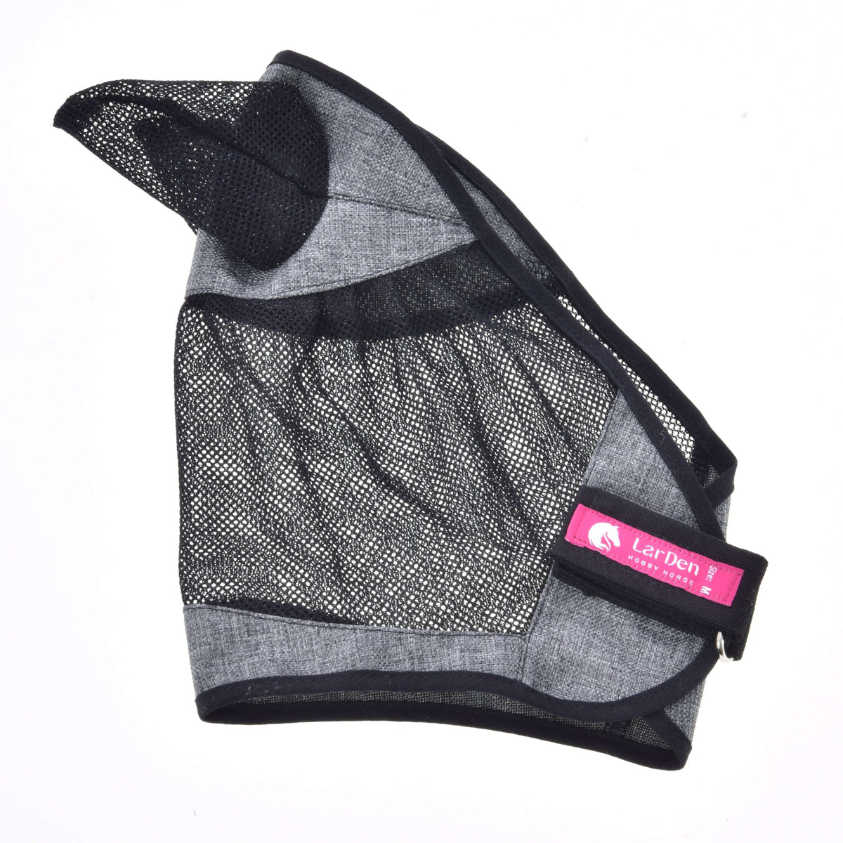 Grey fly mask folded with one mesh ear on top and the pink LarDen label on its fastening strap