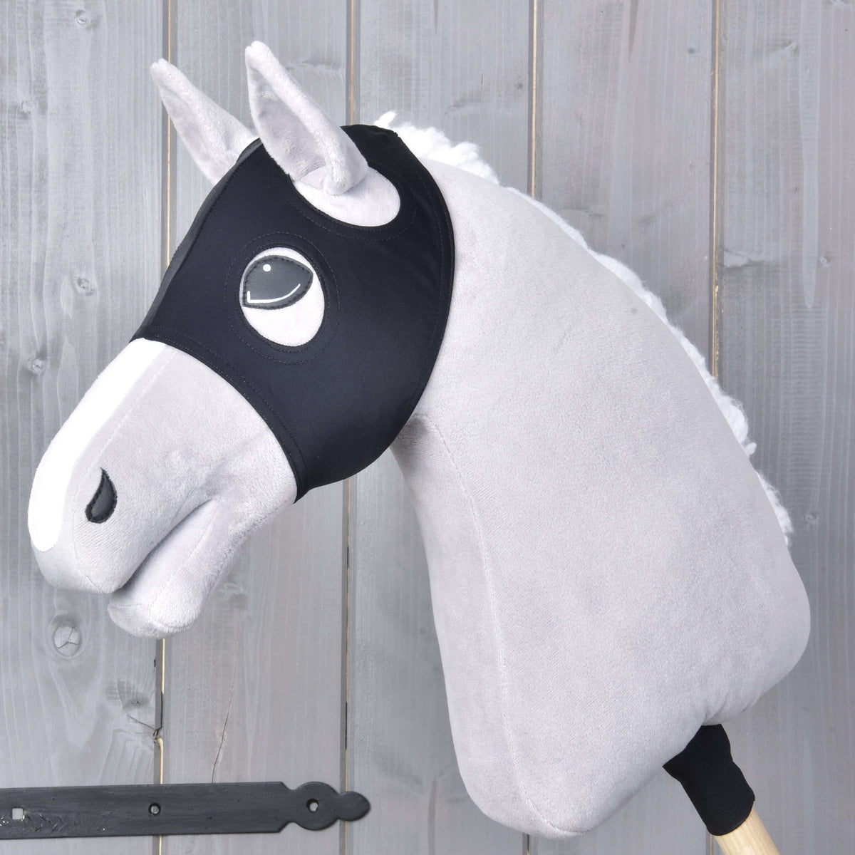 LarDen Horse Mask without ears Flamingo on a grey Hobby Horse, plain black stretch fabric with eye and ear openings