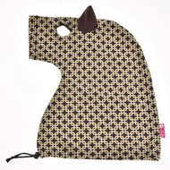 Protective suit Luxus Design laid flat, a horse-head-shaped cover with a brown ear, an eye opening and a neck drawstring