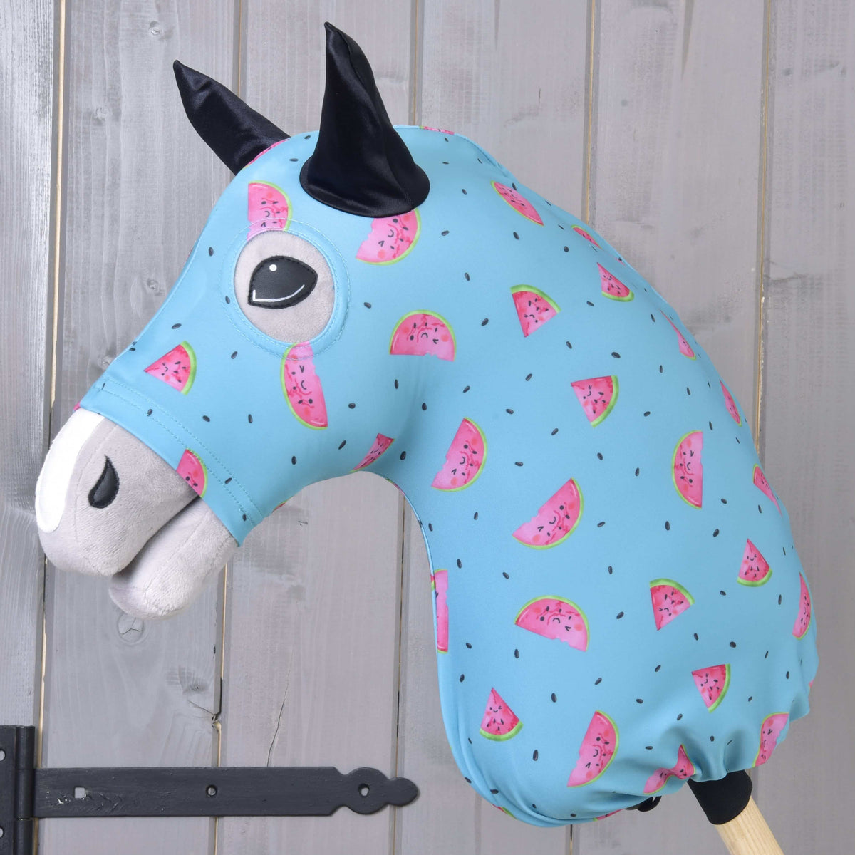 Hobby Horse protective suit Melon (Lycra) by LarDen, light blue with smiling watermelon slices, pulled over a grey head
