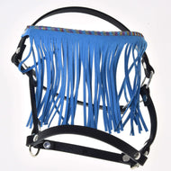 Black leatherette halter with a bright blue fringe and a glittery woven band, shown on its own with silver rings