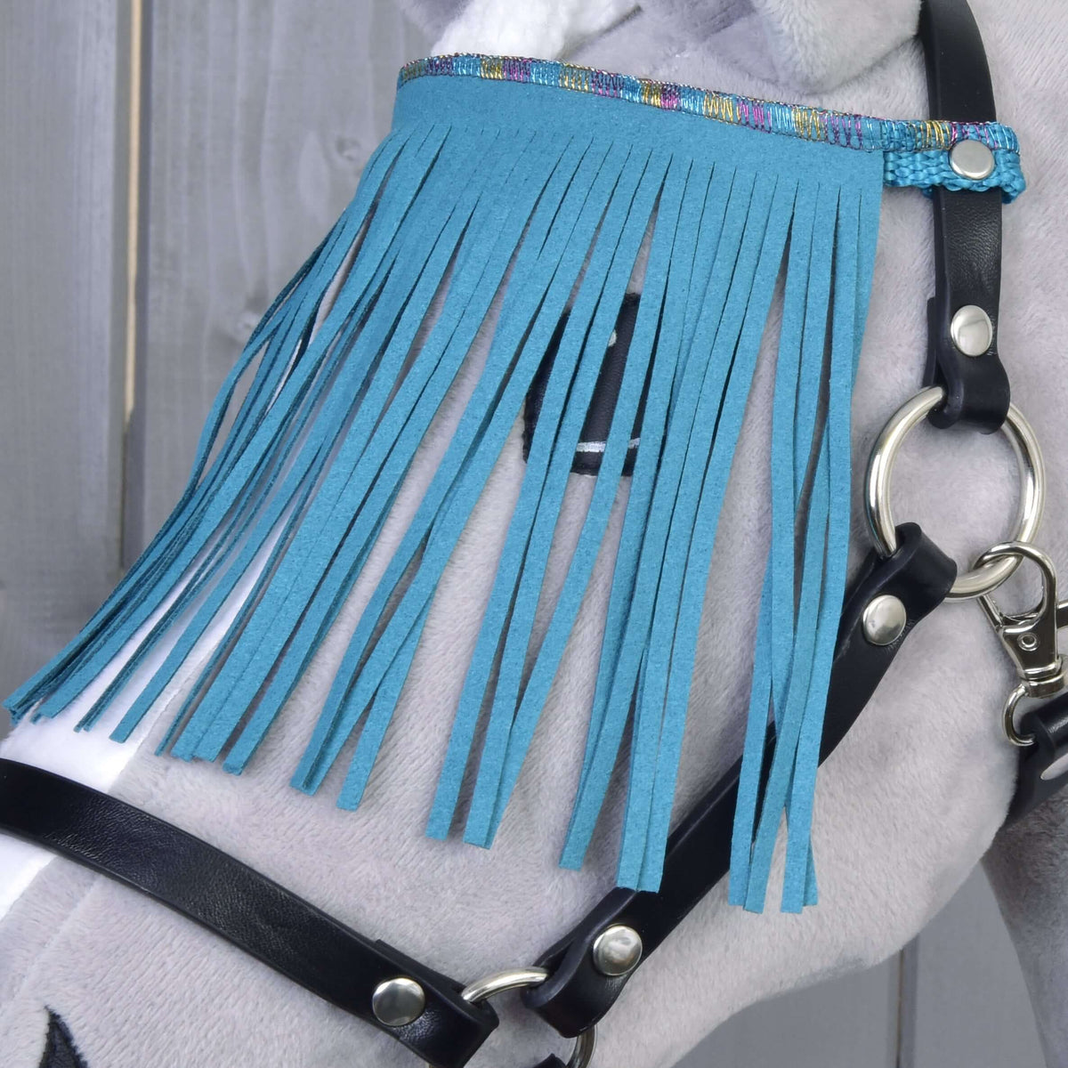 Close-up of the turquoise fringes and shimmering multicoloured trim on the black halter, with silver ring and snap hook