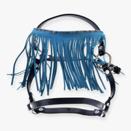 LarDen Hobby Horse Halter Black with Turquoise Fringes, black leatherette straps with silver rings and a long fringed browband