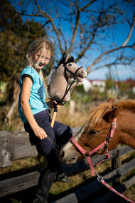 Mosolygó szőke lány egy fakerítésen, kezében bézs Hobby Horse ló fekete kantárban, mellette egy gesztenyebarna póni rózsaszín kötőfékben