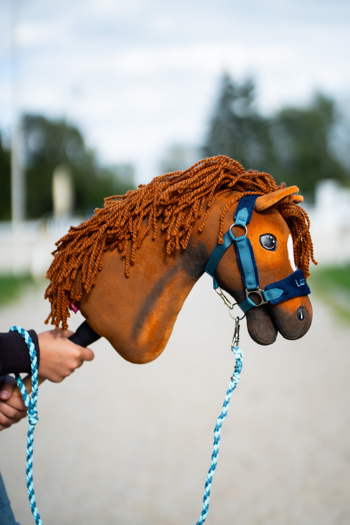 Közeli kép a göndör, rozsdabarna sörényű Hobby Horse Pippa lóról kékeszöld kötőfékben, sötétkék orrszíjjal és türkiz vezetőszárral
