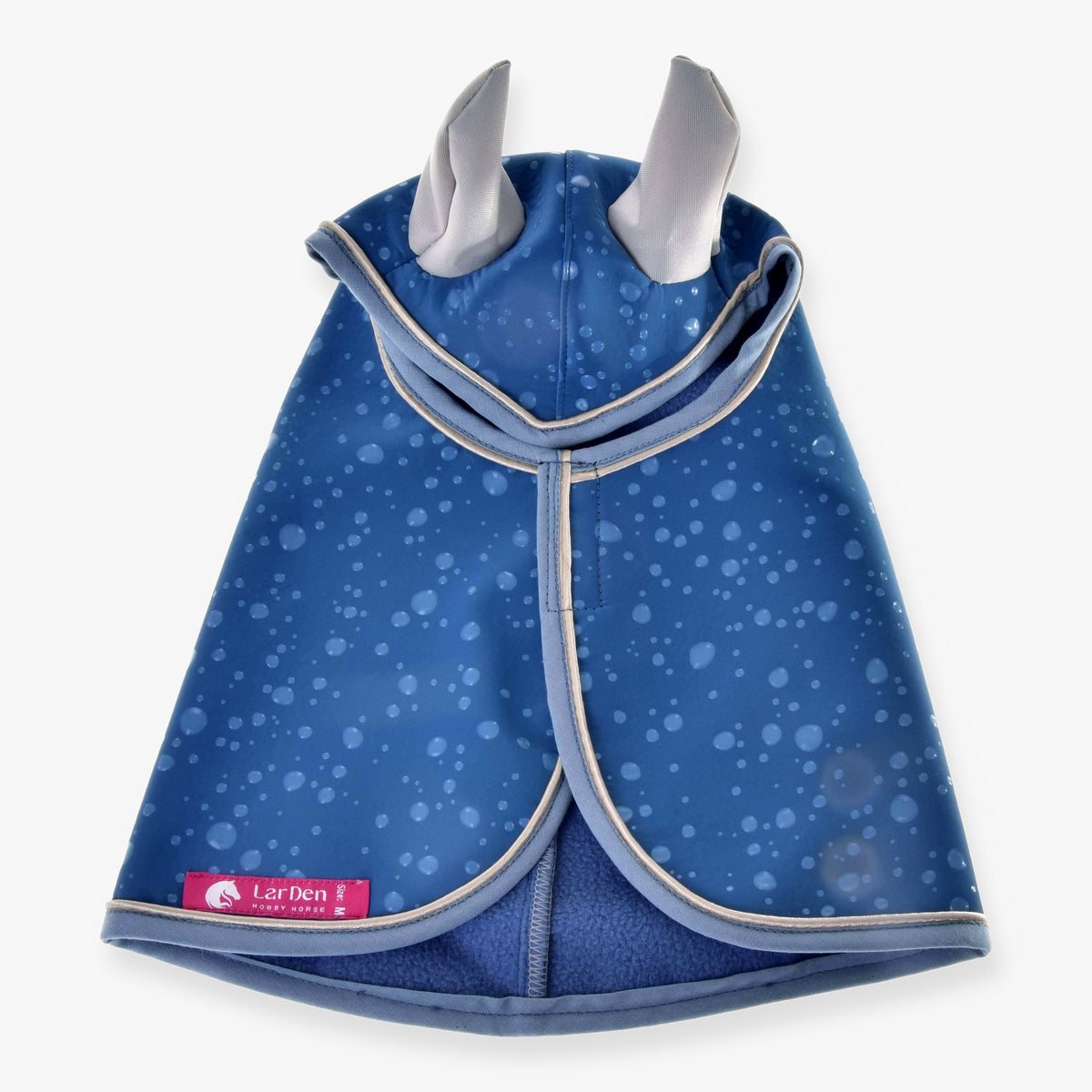 LarDen Hobby Horse esőtakaró Dolly (softshell) felülről: acélkék, halvány cseppekkel, szürke fülekkel és kék polárbéléssel