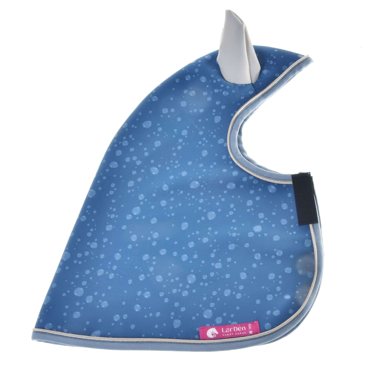 Kék softshell Dolly esőtakaró kiterítve, vízcseppmintával, szürke füllel, fekete pánttal és rózsaszín LarDen címkével
