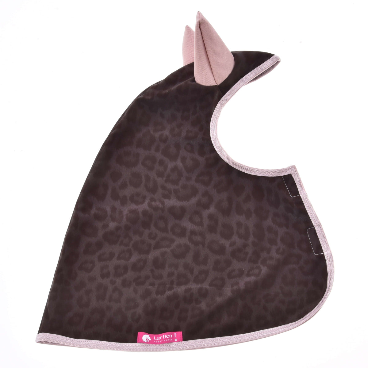 Hobby Horse Raincoat Milly laid flat in side view: brown leopard print, light pink ears and trim, pink LarDen label