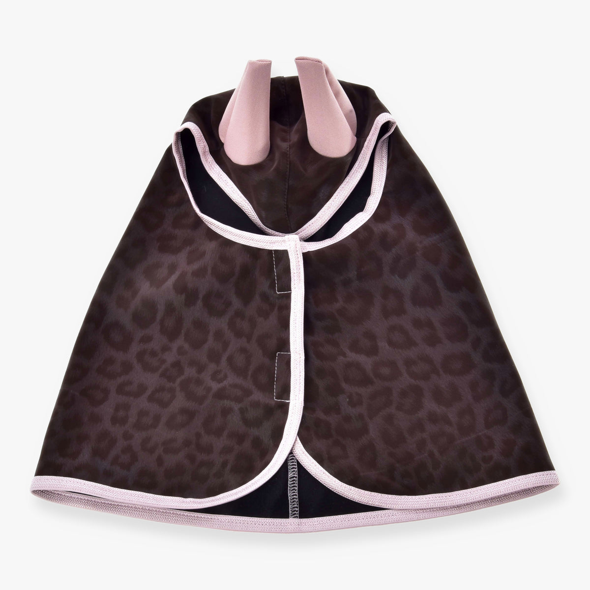 Hobby Horse Raincoat Milly by LarDen from above, chocolate brown leopard print with dusty pink ears and pale pink binding
