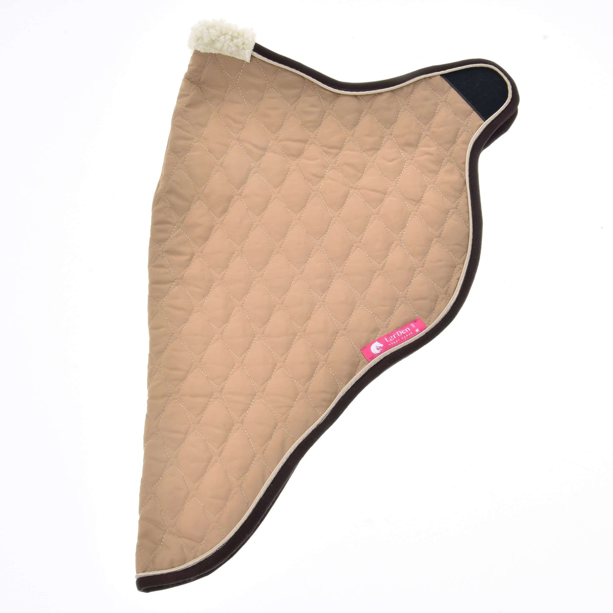 Beige travel rug laid flat: diamond quilting, dark brown binding, cream fleece at the top and a pink LarDen label