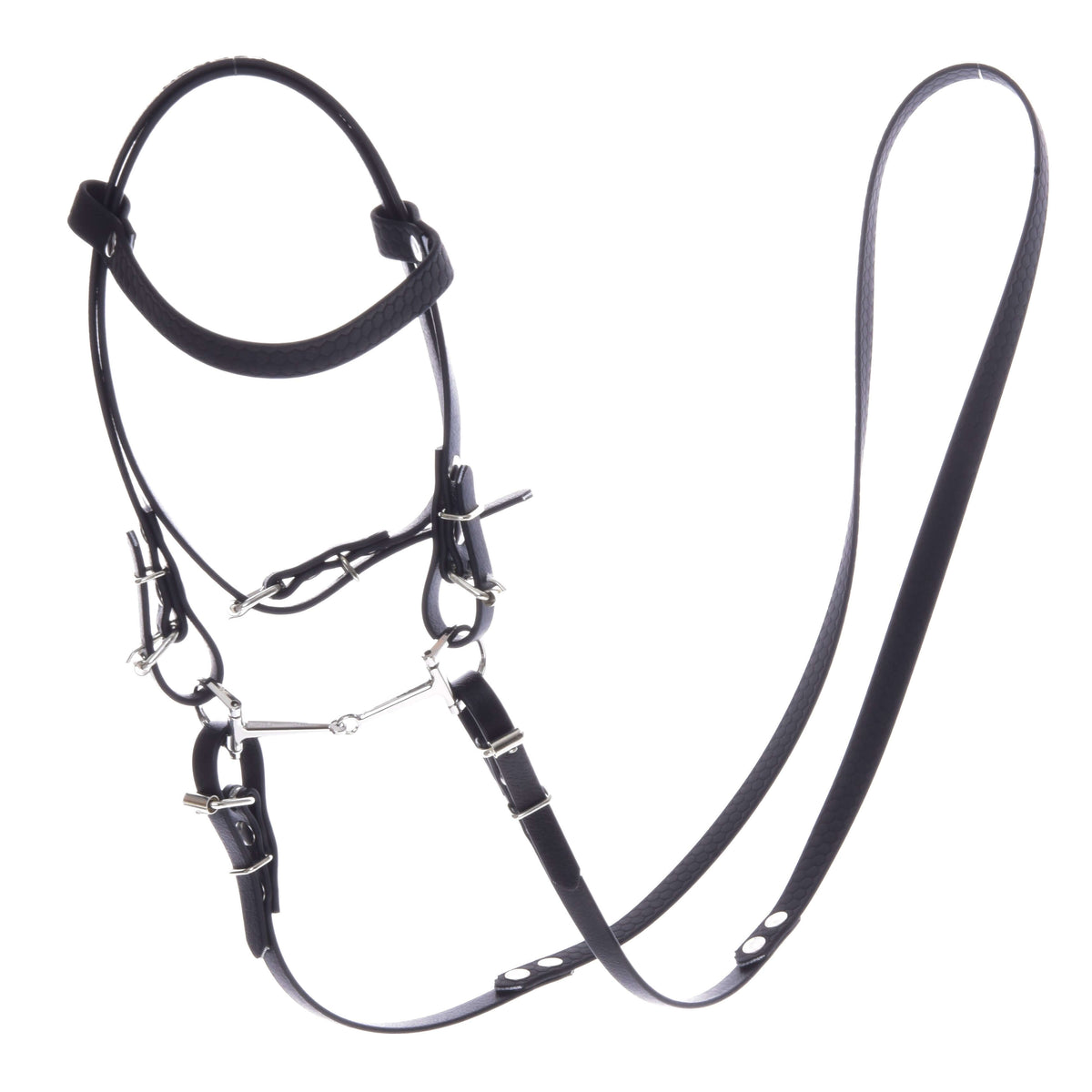 LarDen Hobby Horse komplett kantár orrszíj nélkül, Pure Black: fekete műbőr, csikózablával és hosszú kantárszárral
