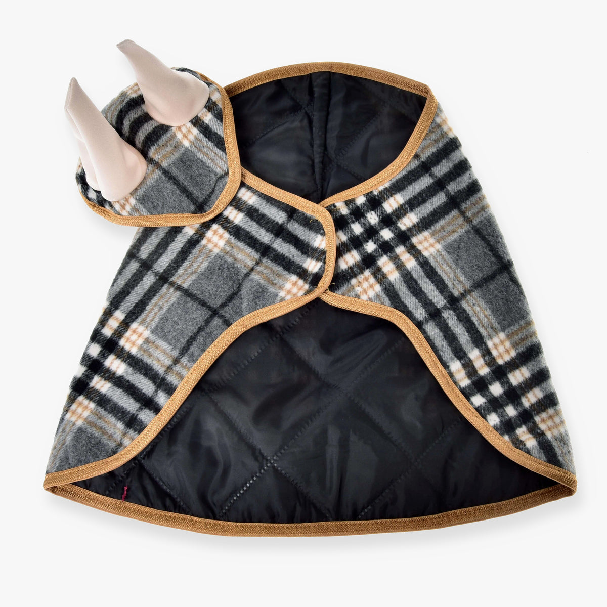 LarDen Hobby Horse England Grey szett: szürke kockás takaró fekete steppelt béléssel, teveszínű szegéllyel és hozzáillő fülvédővel