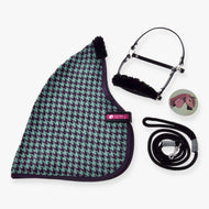 Hobby Horse Set Harmony Green by LarDen: mint and purple houndstooth blanket, black halter with fleece, lead rope, sticker