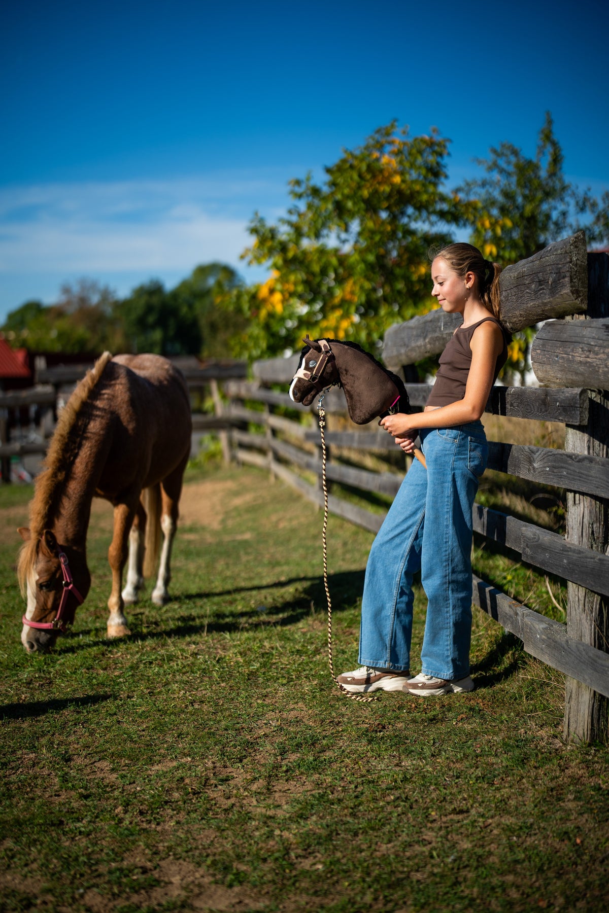 Farmernadrágos lány egy karámkerítésnél vezetőszáron tartja a Hobby Horse Sisi lovat, a közelben egy gesztenyebarna póni legel