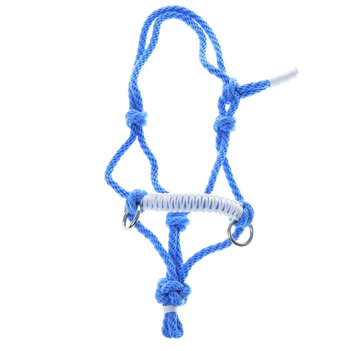 Sky blue rope halter laid out flat, showing the knots, white woven noseband and two silver rings