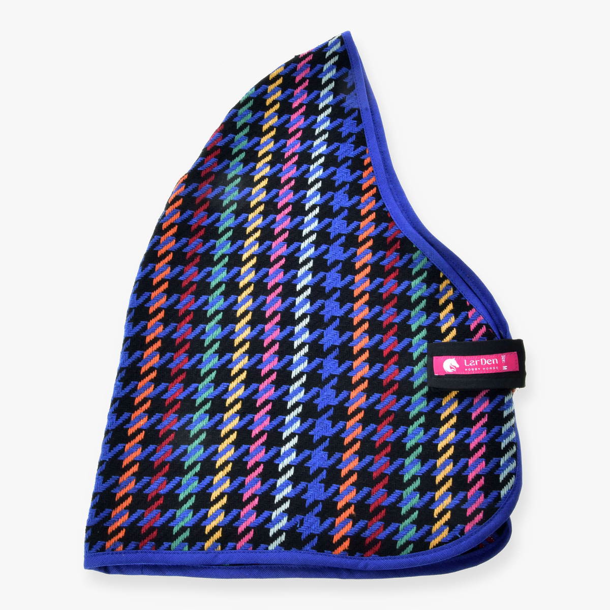 Hobby Horse Stable Blanket Peru by LarDen, black and royal blue houndstooth with rainbow stripes and blue binding