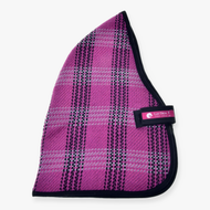 Hobby Horse Stable Blanket Pink by LarDen, woven pink, black and grey plaid with black binding and a chest strap