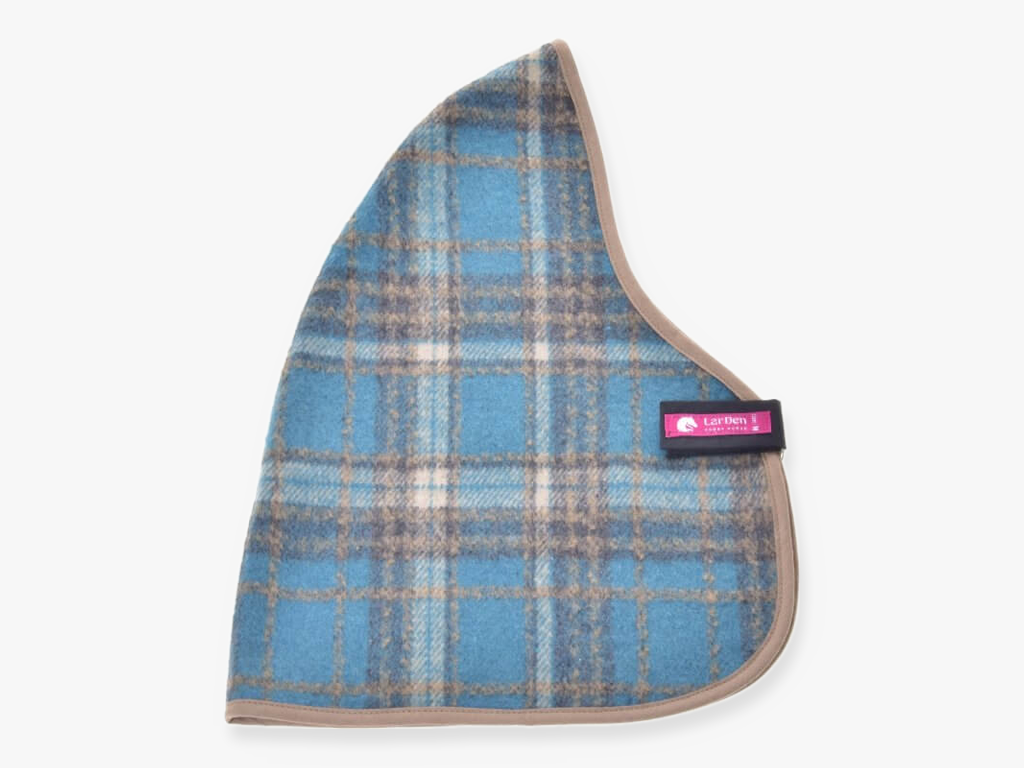 Hobby Horse Stable Blanket Scottish Cube by LarDen in blue and beige tartan with taupe binding and a pink label