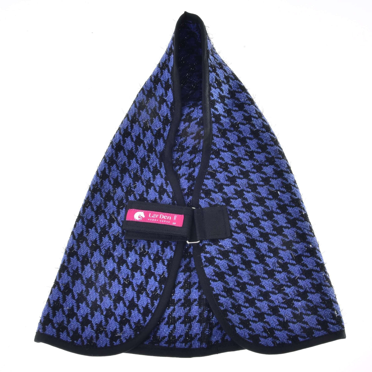 Hobby Horse Stable Blanket Blue opened out on white to show the neck opening and the chest strap with pink LarDen label