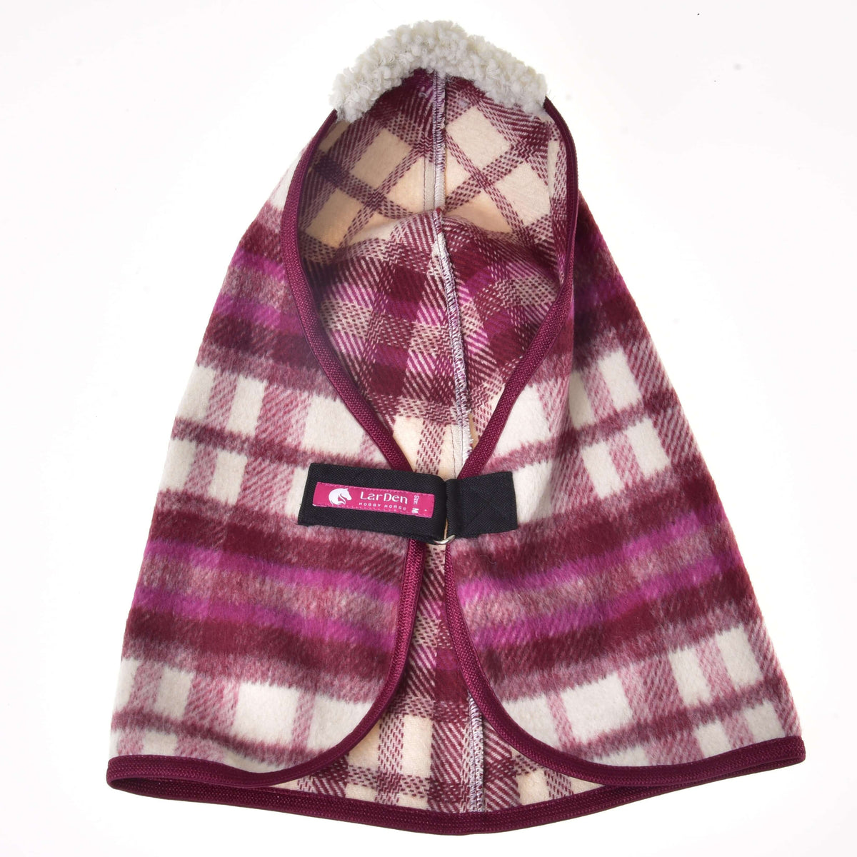 Checked stable blanket laid open from the front, cream sherpa at the top and a black strap with a pink LarDen label