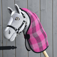 Grey Hobby Horse with brown eyes and a black halter wearing the Stable Blanket Pink in pink, black and grey plaid