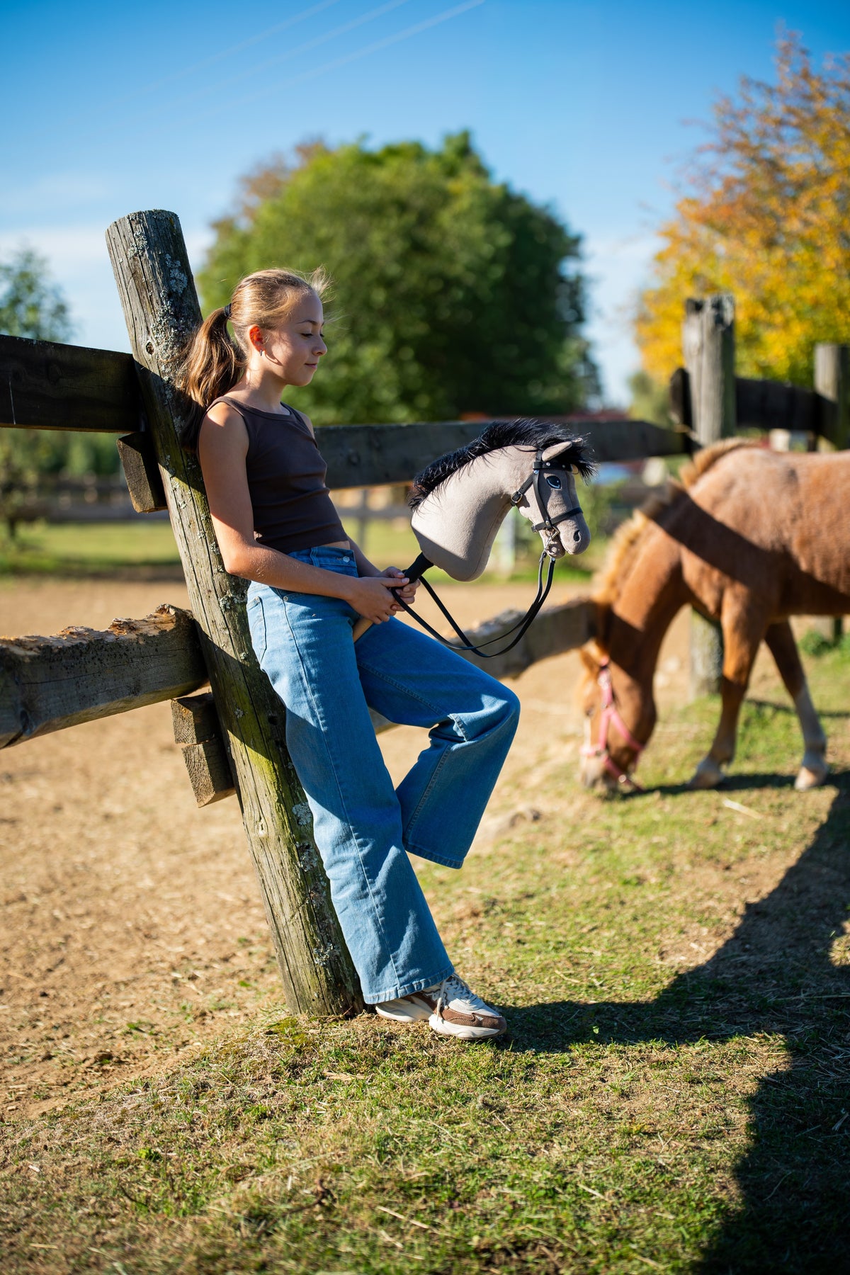 Lány az őszi napsütésben egy karám kerítésének dőlve a fekete kantáros Hobby Horse Thor lóval, mögötte egy gesztenyebarna póni legel