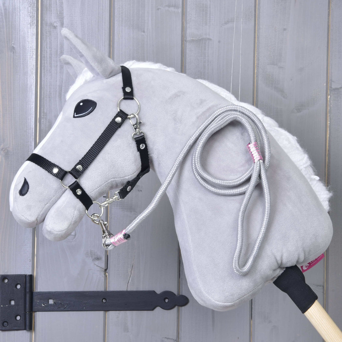 Light grey Hobby Horse in a black halter with the grey rope stripe Tizian lead rope and its pink wraps over the neck