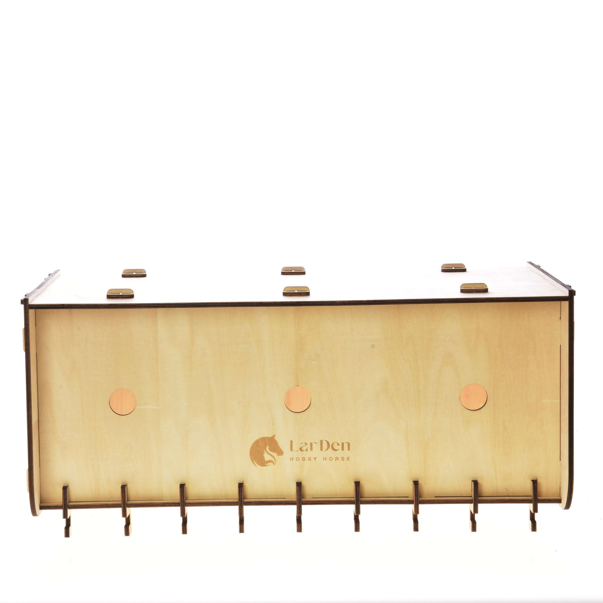 Stable for 3 Hobby Horses showing the engraved LarDen logo on a plywood panel with three round holes and a row of hooks
