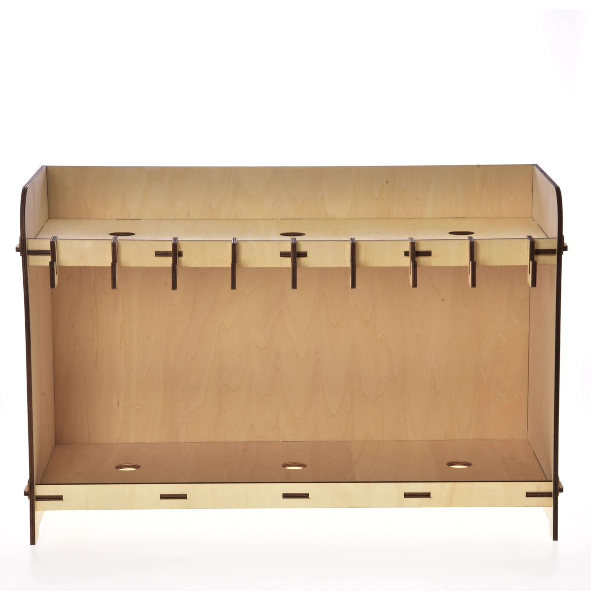 Stable for 3 Hobby Horses seen from the front, an open plywood rack with hooks and three round holes top and bottom