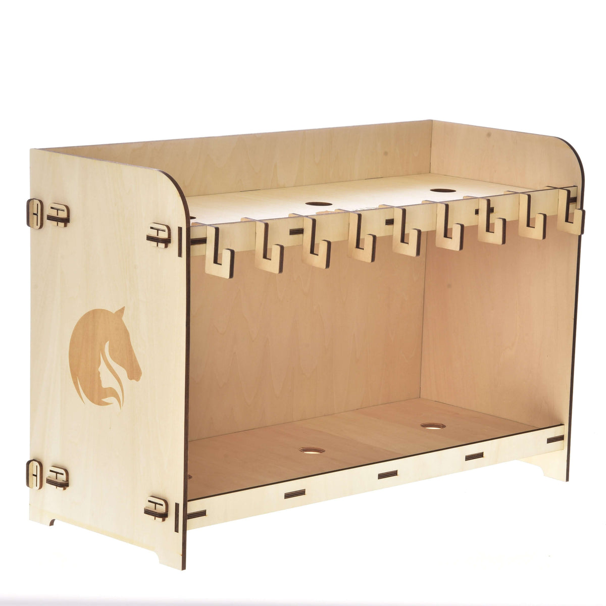 Stable for 3 Hobby Horses from the left, natural plywood side panel with an engraved horse head and slotted hooks on top