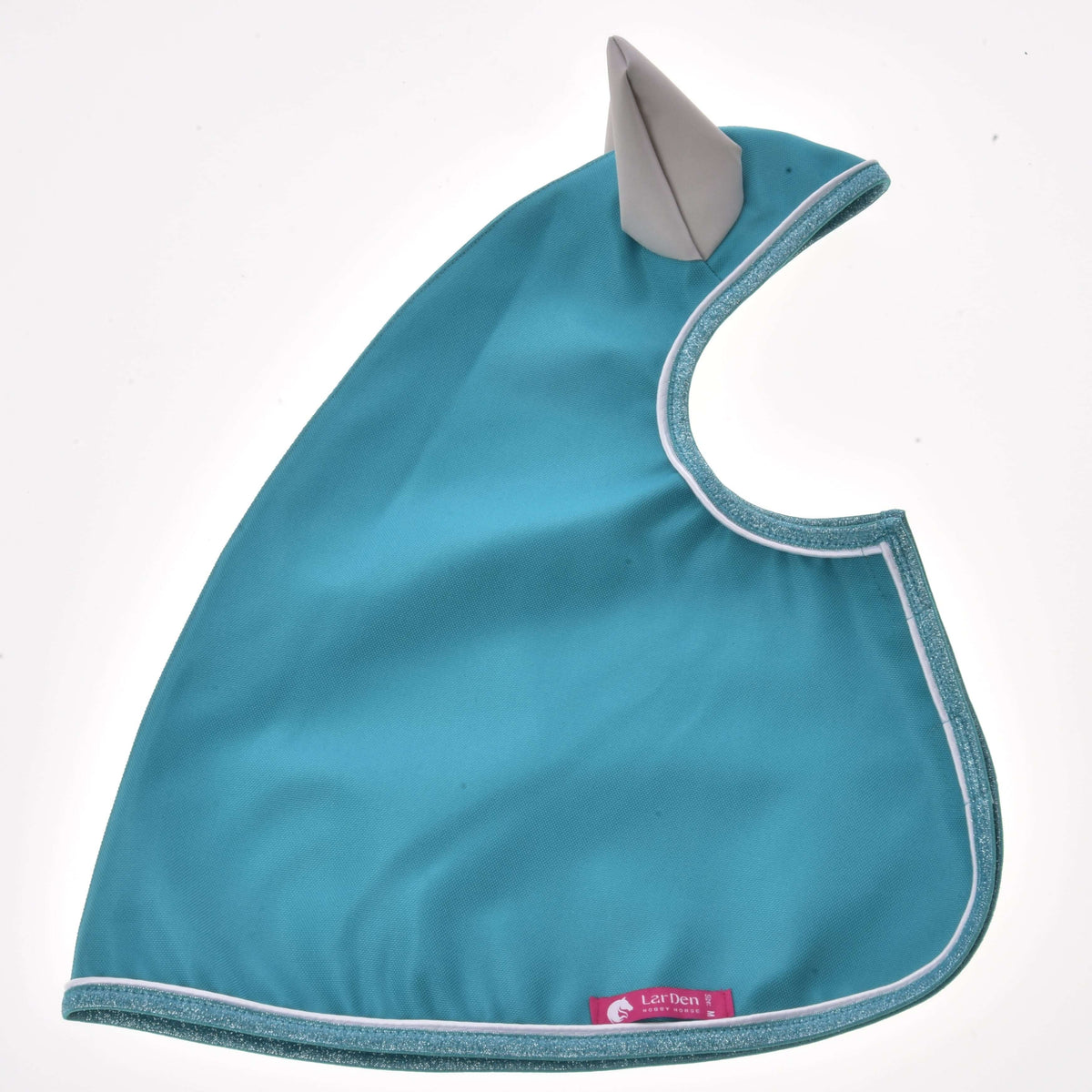 Hobby Horse Raincoat Turquoise laid flat, light grey ear, sparkly turquoise binding with white piping and a pink label