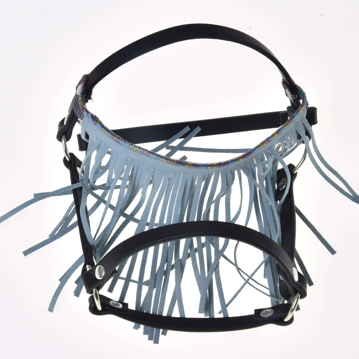 Black leatherette halter with a pale turquoise suede-look fringe and a pastel rainbow band, shown on its own