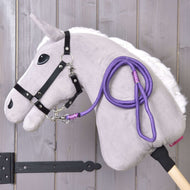 Light grey Hobby Horse in a black halter with the purple rope stripe Viola lead rope hung over its neck