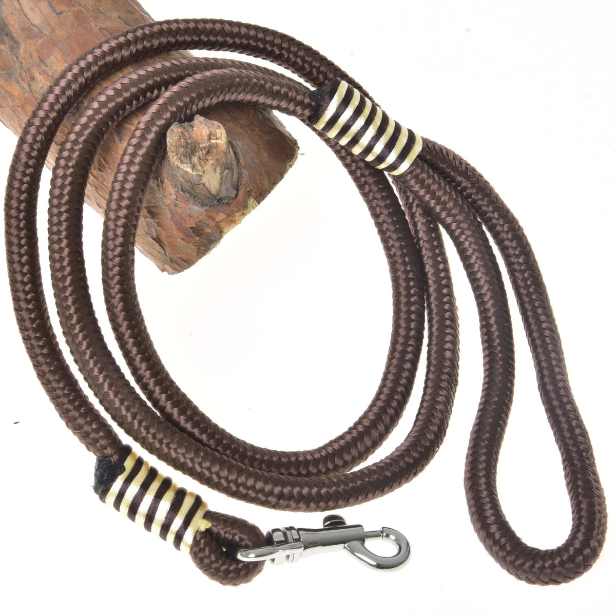 Hobby Horse rope stripe Vivaldi by LarDen, brown lead rope with cream and dark brown wraps and a silver snap hook
