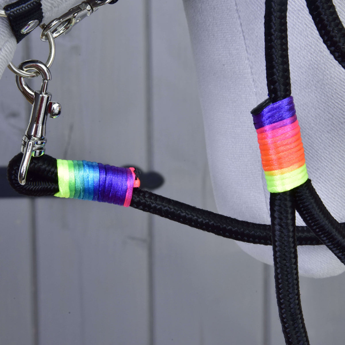 Close-up of the neon rainbow thread wraps on the black lead rope and the silver snap hook at the halter