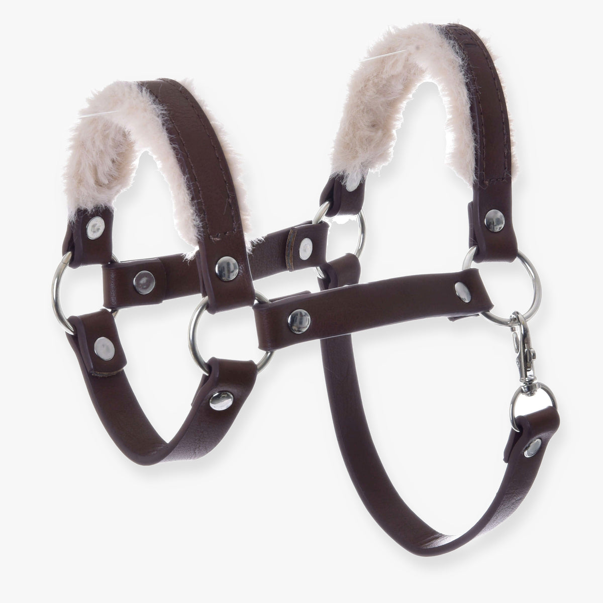 Hobby Horse Halter with fur - leatherette Walnut by LarDen, dark brown halter with cream fur padding and silver rings