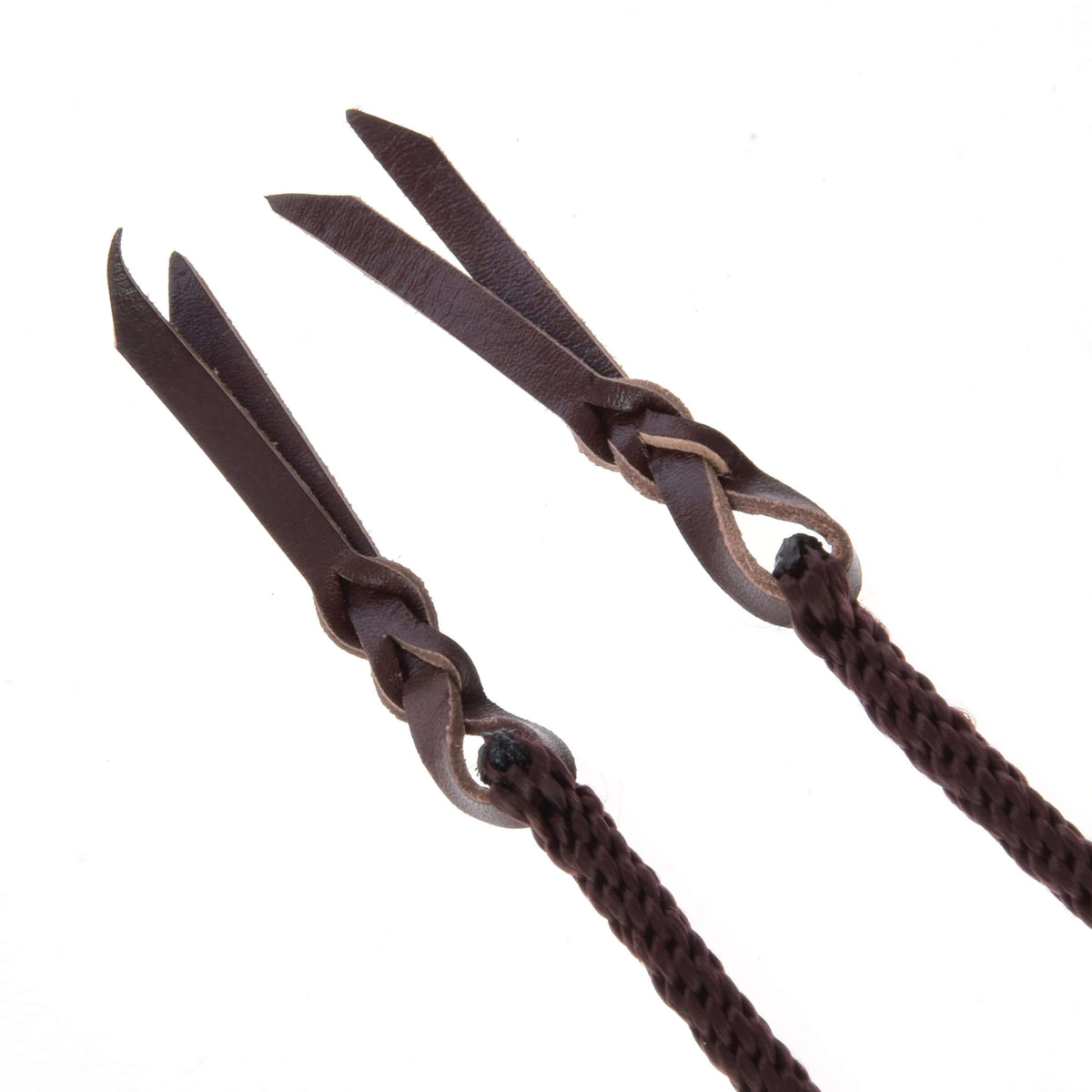 Close-up of the split leather poppers knotted to the dark brown rope ends of Split Western Reins Kansas
