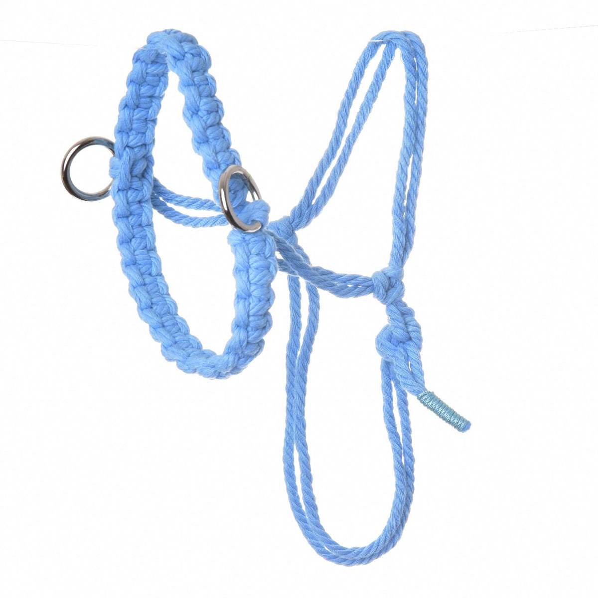 Világoskék pamut csomózott kötőfék csomós makramé orrszíjjal és ezüstszínű karikákkal, a Hobby Horse Cotton Blue kötélszettből