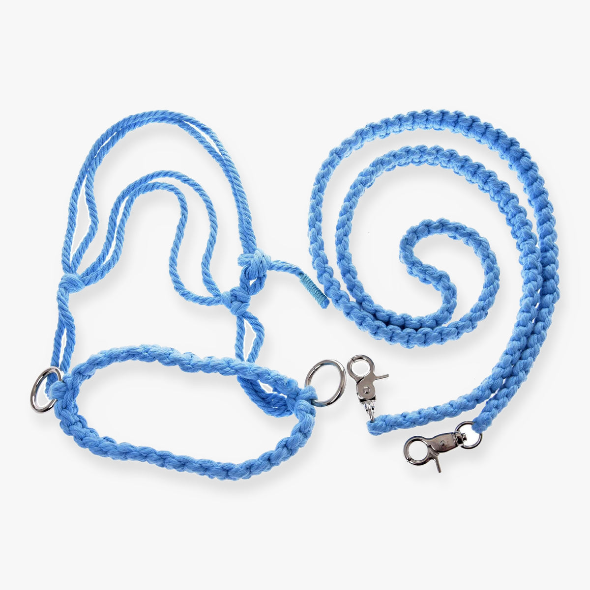 LarDen Hobby Horse kötélszett Cotton Blue: világoskék, pamutkötélből készült csomózott kötőfék makramé orrszíjjal és fonott szárral