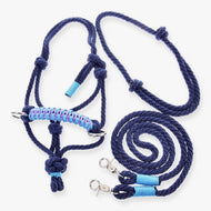 LarDen Hobby Horse kötélszett Dark Blue: sötétkék csomózott kötőfék türkiz-orgonalila orrszíjjal, nyakgyűrű (cordeo) és kantárszár