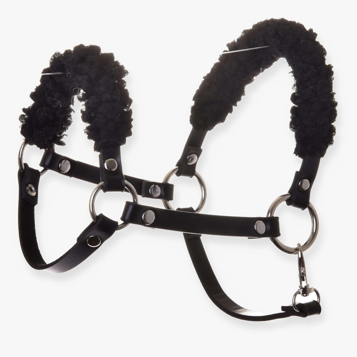 Hobby Horse Black halter with black fur - leatherette by LarDen, curly fur on noseband and headpiece
